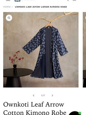 Leaf-Print 100% Cotton Kimono Robe in Navy
